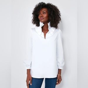 S Tuckernuck White Stretch Poplin Ruffle Neck Bouvier Blouse.